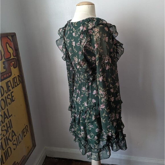 Long Sleeve Green Floral Ruffle Mini Dress Size 8 - Picture 4 of 6